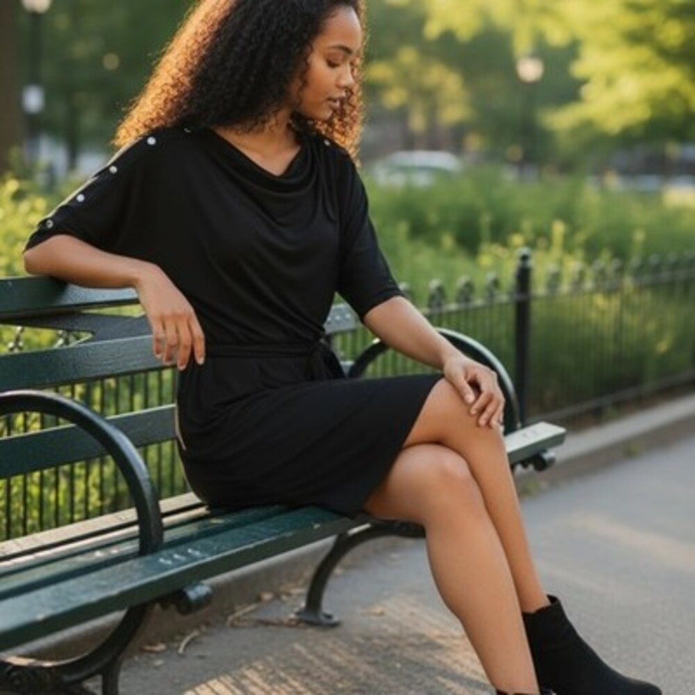 White House Black Market Black Belted Dress with Silver Button Detail
